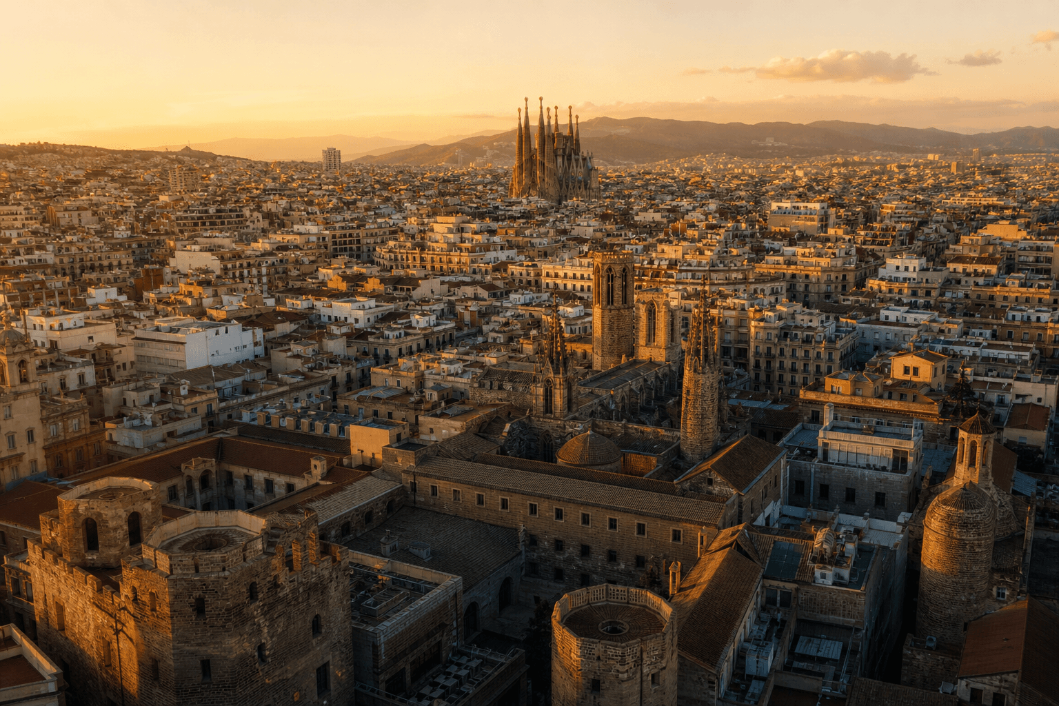 Vista aérea de Barcelona al atardecer con la Sagrada Família