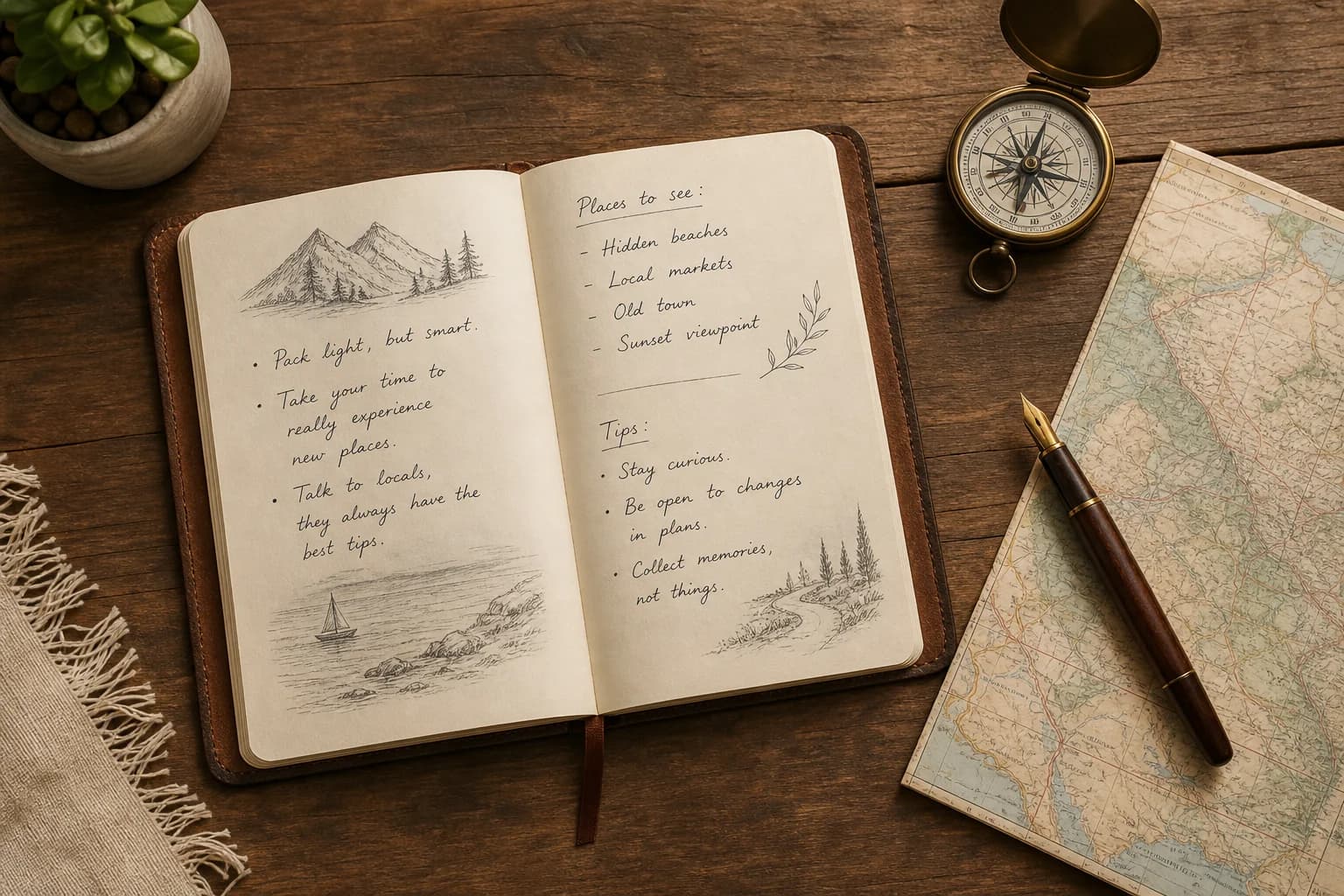 Diario de viaje con notas y brújula sobre mesa de madera