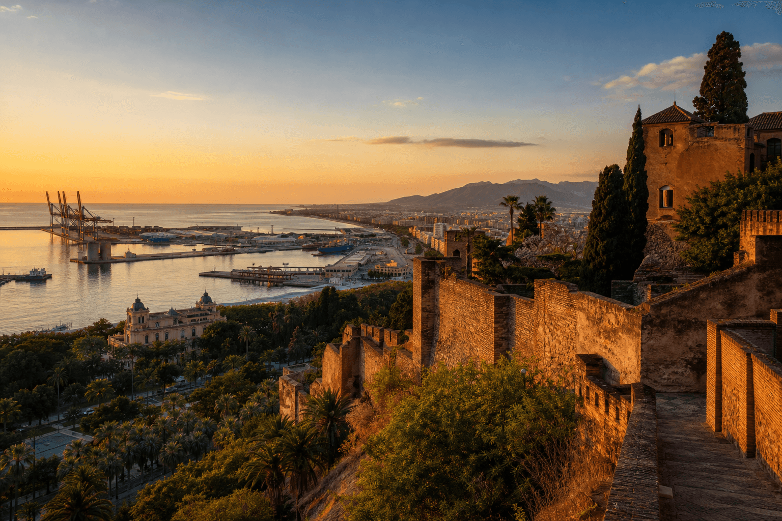 Puerto de Málaga y Alcazaba al atardecer