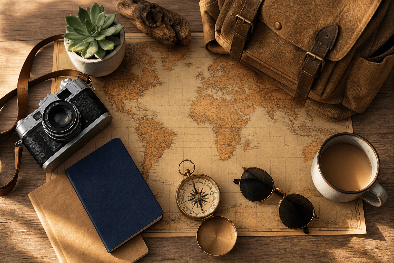 Accesorios de viaje sobre un mapa del mundo