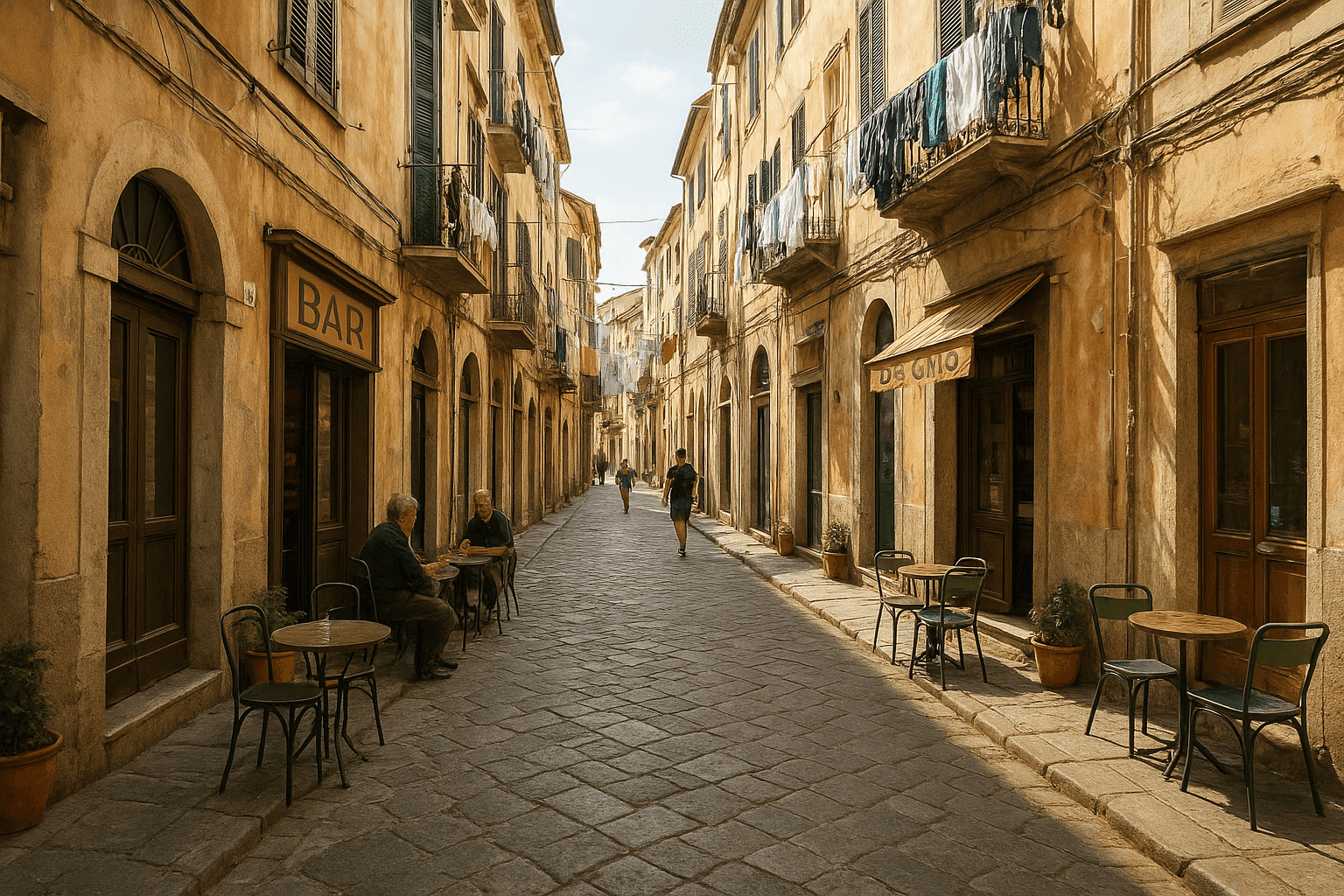 Calle secundaria europea con bares familiares y ropa tendida en los balcones