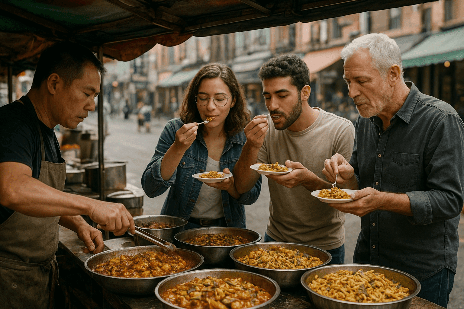 Puesto de comida callejera con personas probando platos locales