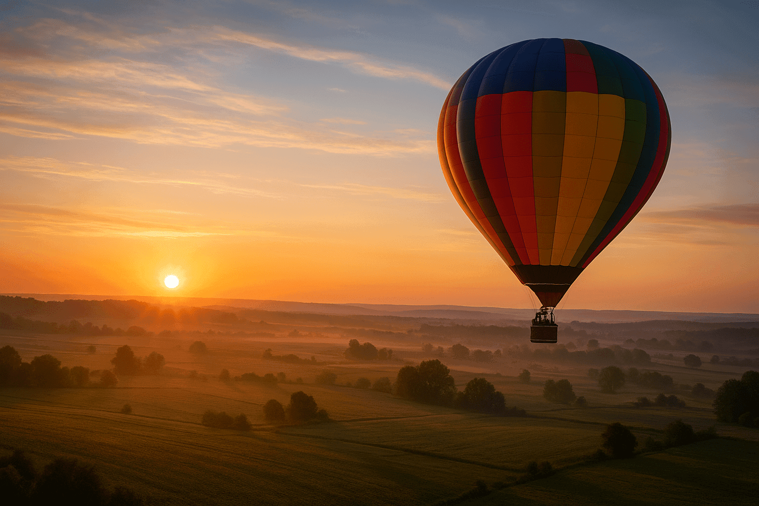 Globo aerostático sobre un paisaje al amanecer