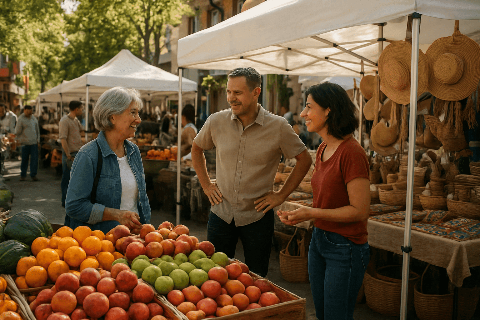 Mercado local al aire libre con puestos de frutas, artesanía y vecinos conversando