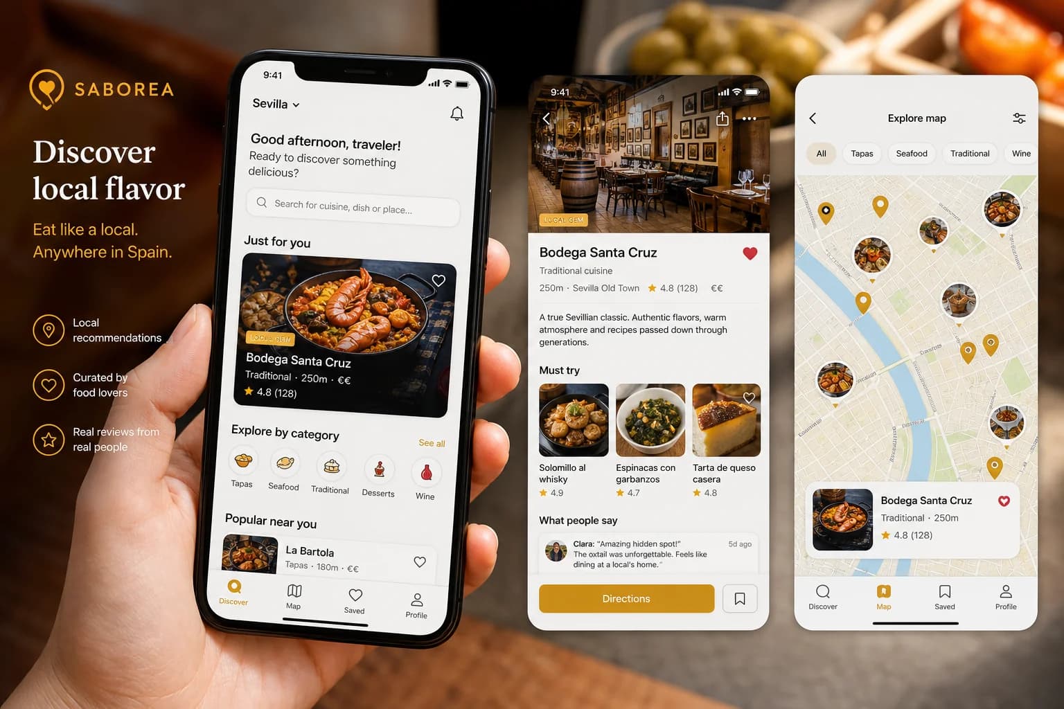 Persona descubriendo restaurante local con app de gastronomía en móvil