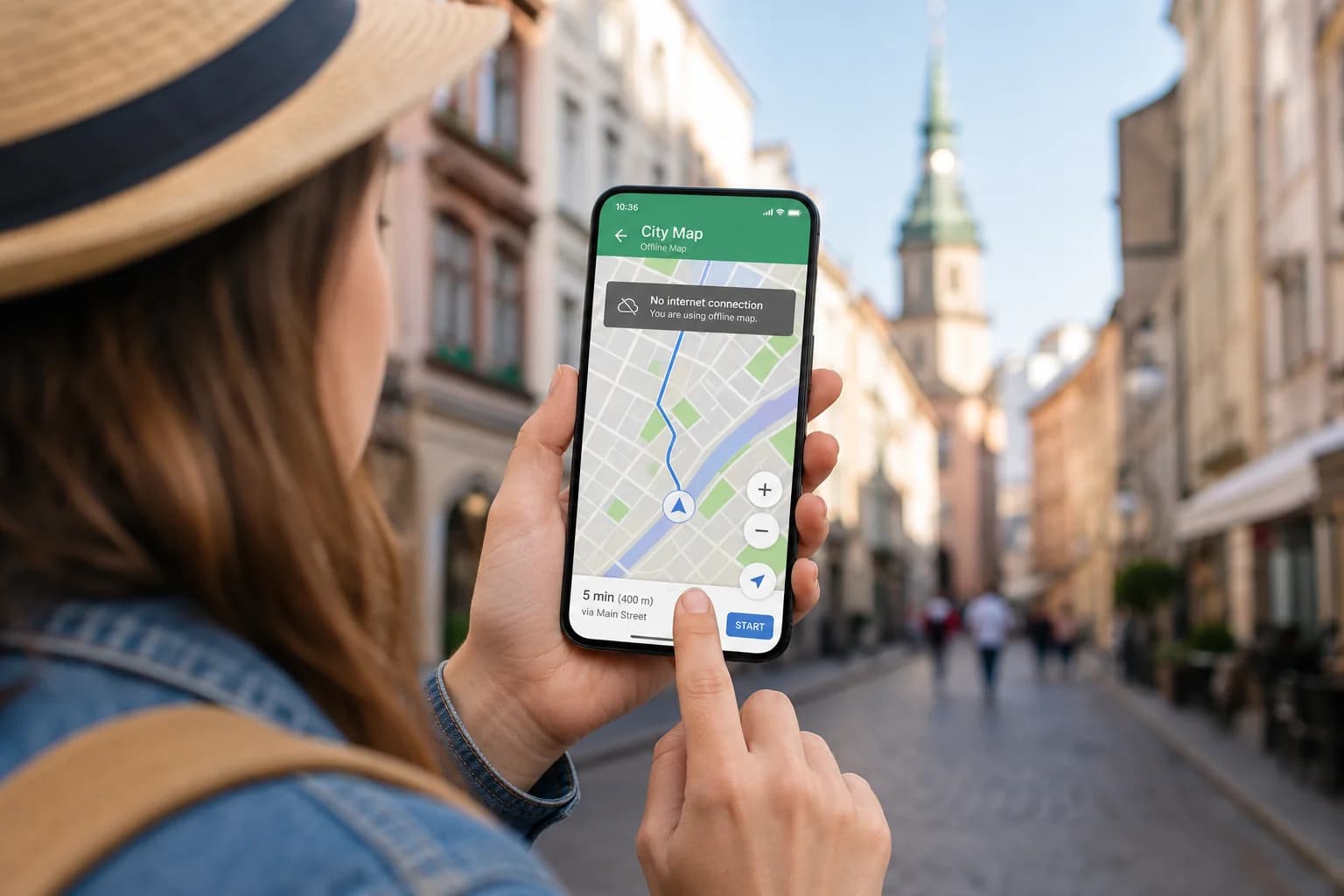 Mapa offline en móvil usado por viajero en calle europea