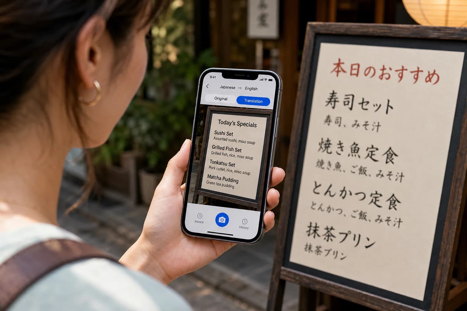 Móvil con app de traducción apuntando a menú en otro idioma