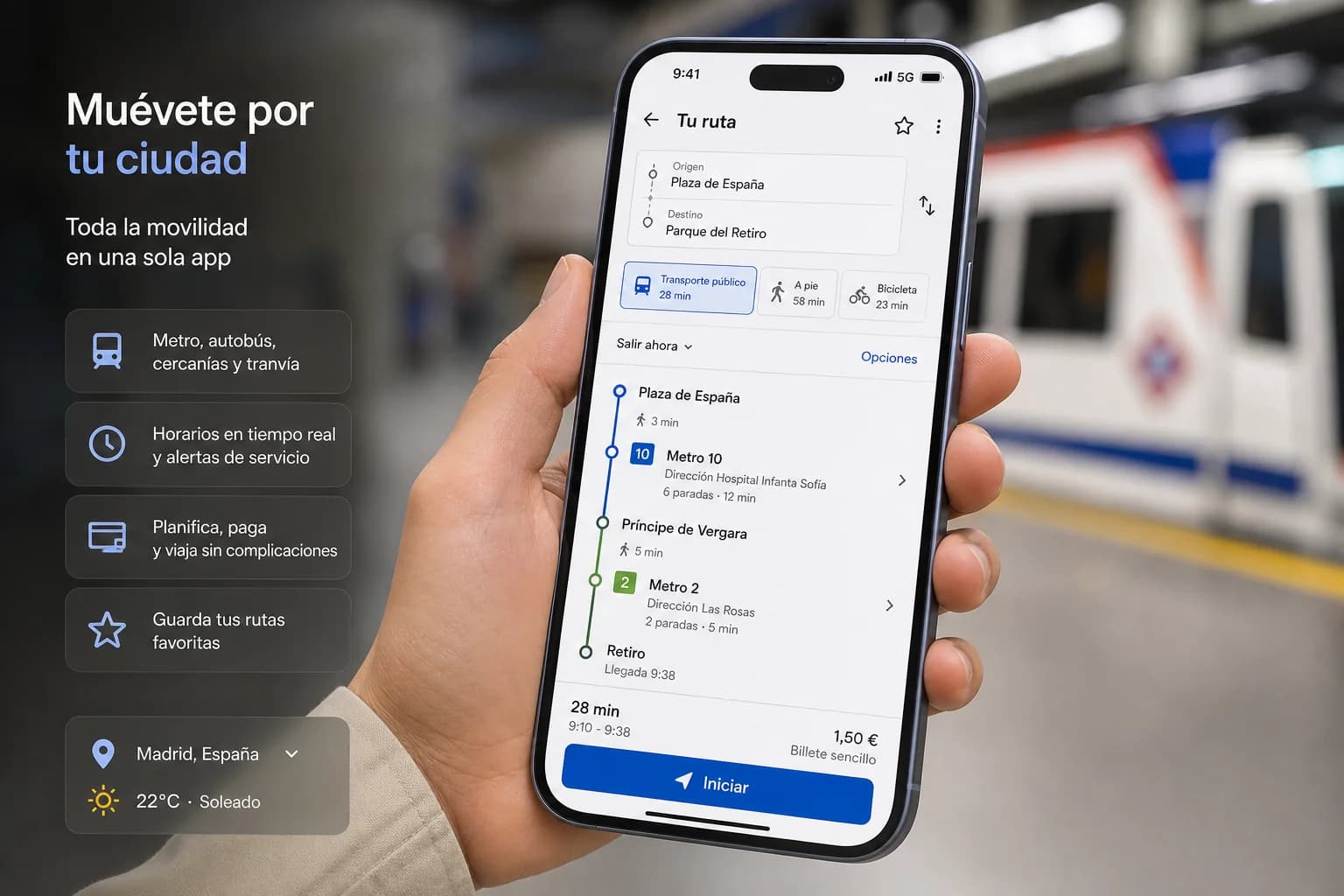 Viajero consultando app de transporte público en pantalla de móvil