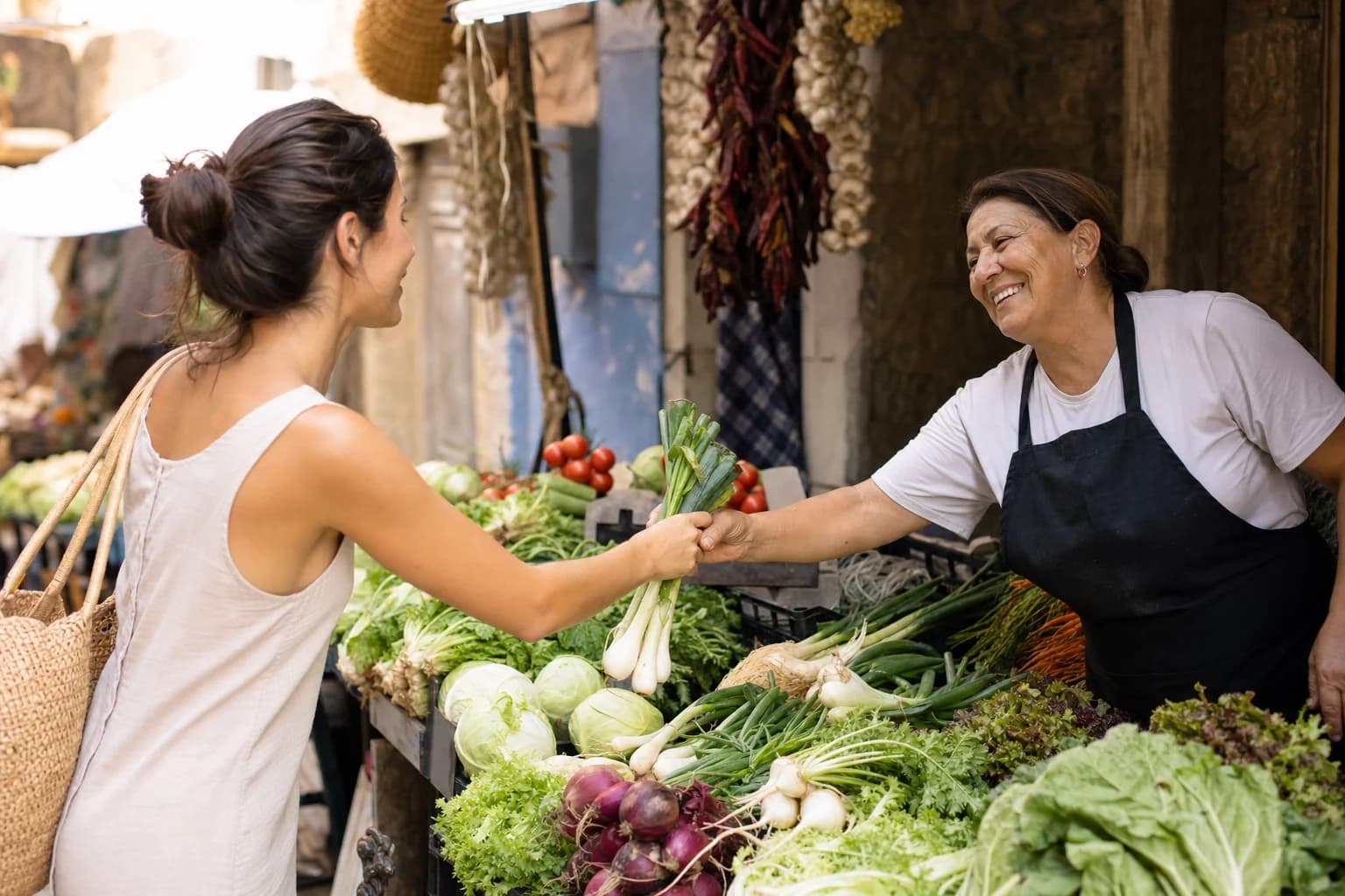 Comprador mercado local puesto verduras España