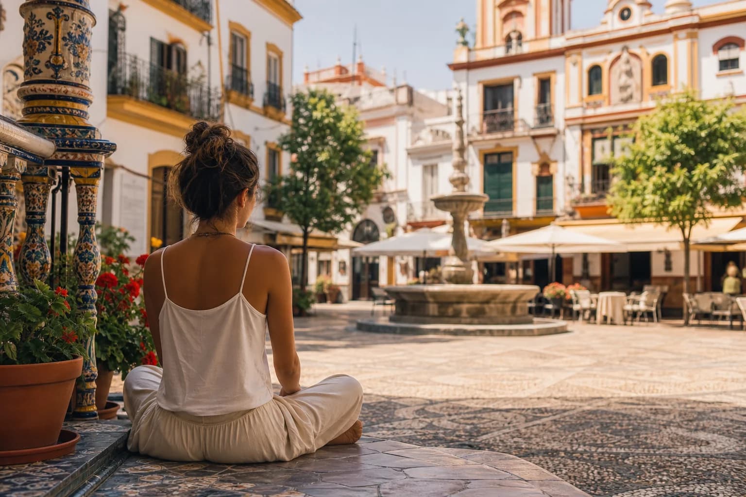 Persona sentada con café observando plaza española animada sin móvil