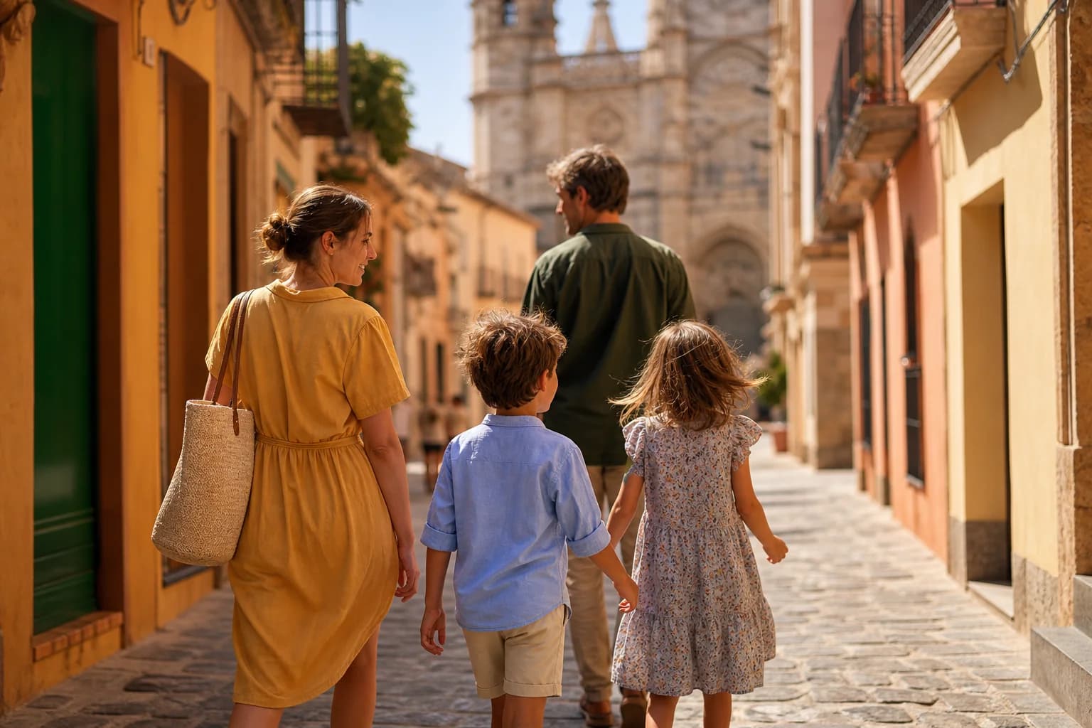 Familia con niños explorando casco histórico de ciudad española