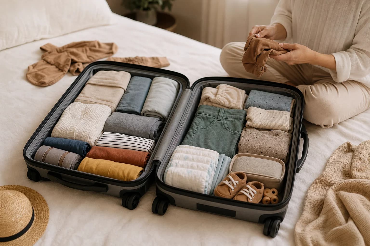 Maleta familiar organizada con ropa de niños y adultos