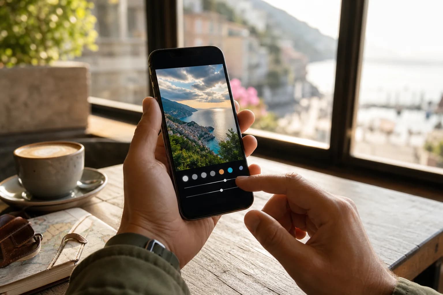 Manos sosteniendo móvil editando fotografía de viaje