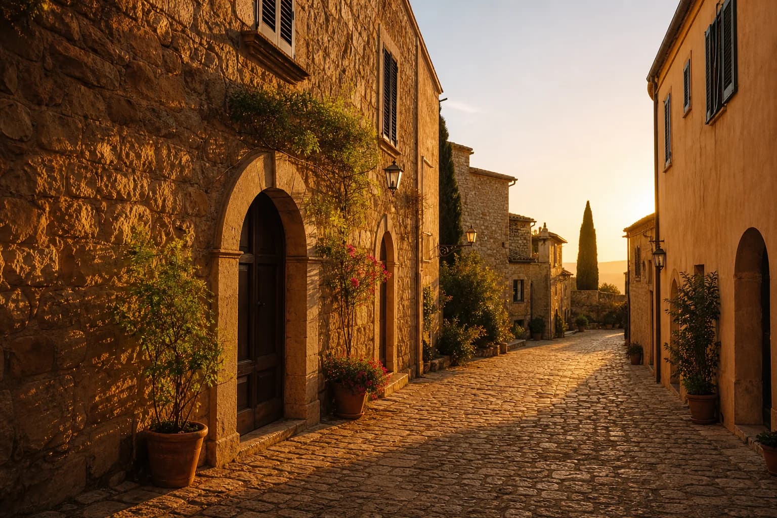 Paisaje urbano al amanecer con luz dorada en calles vacías