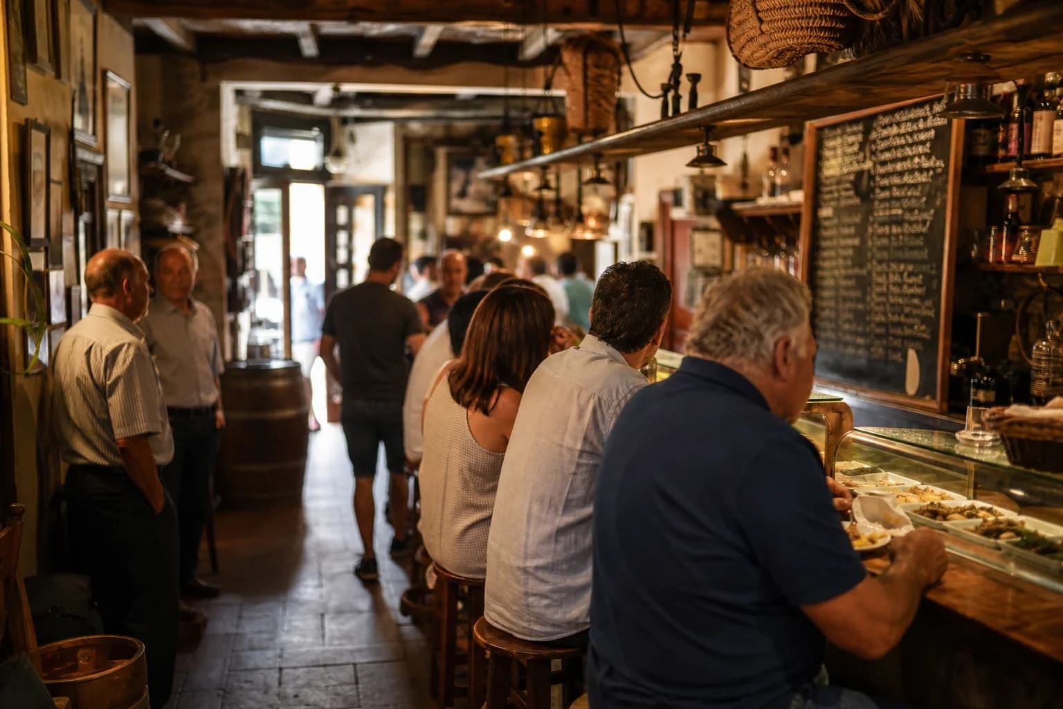 Interior de bar de barrio español con pizarra de tapas y clientes locales