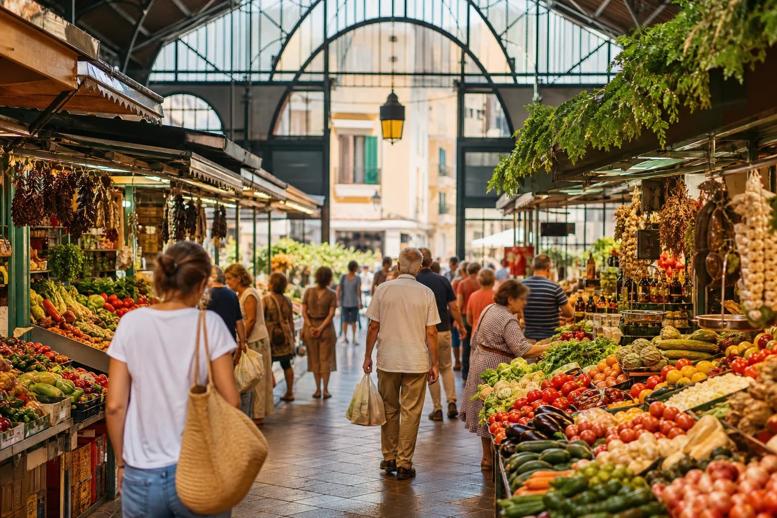 Mercado municipal español animado con puestos de frutas y embutidos