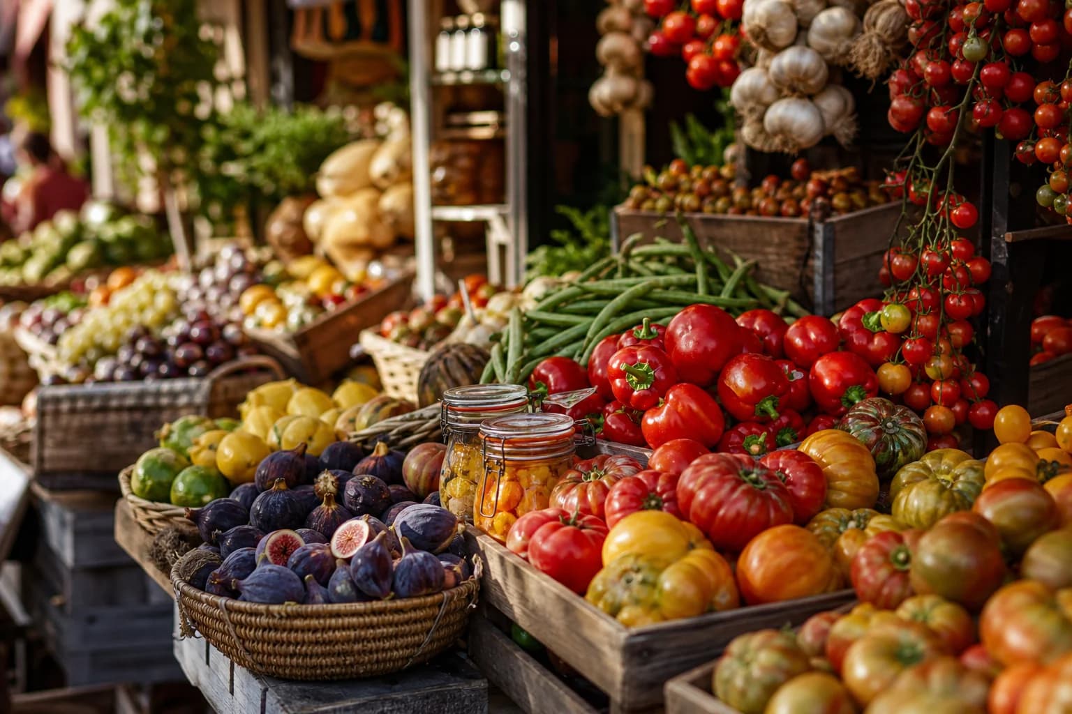 Puesto de fruta y verdura de temporada en mercado local