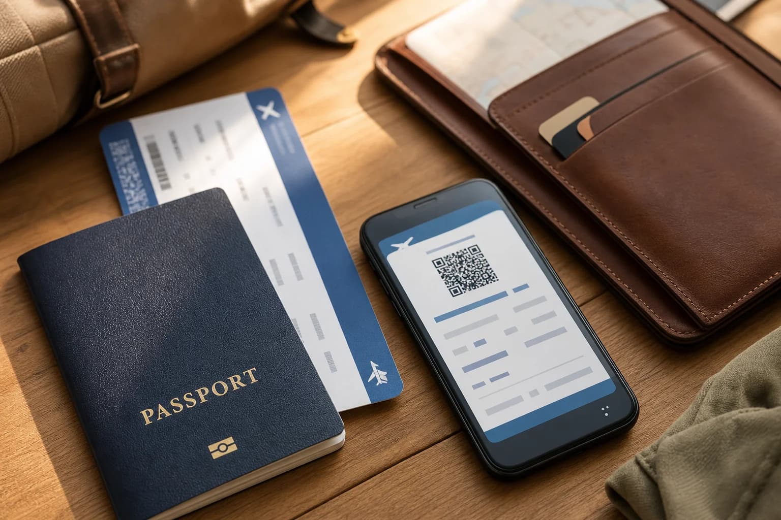 Pasaporte y documentos de viaje sobre mesa con móvil