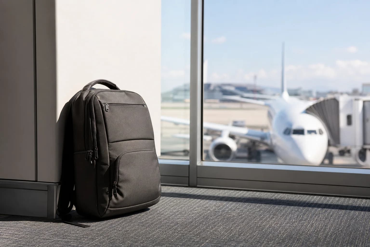 Mochila de cabina compacta lista para embarcar en aeropuerto