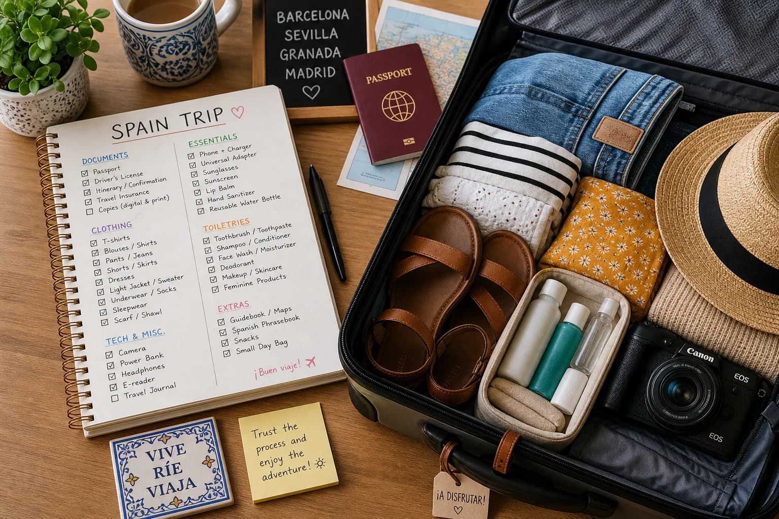Lista de viaje en libreta junto a mochila preparada