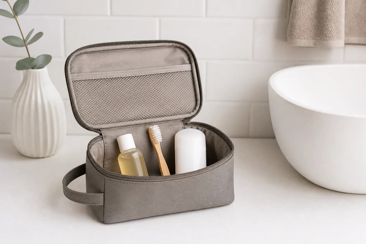 Neceser de viaje pequeño con productos esenciales en tamaño mini