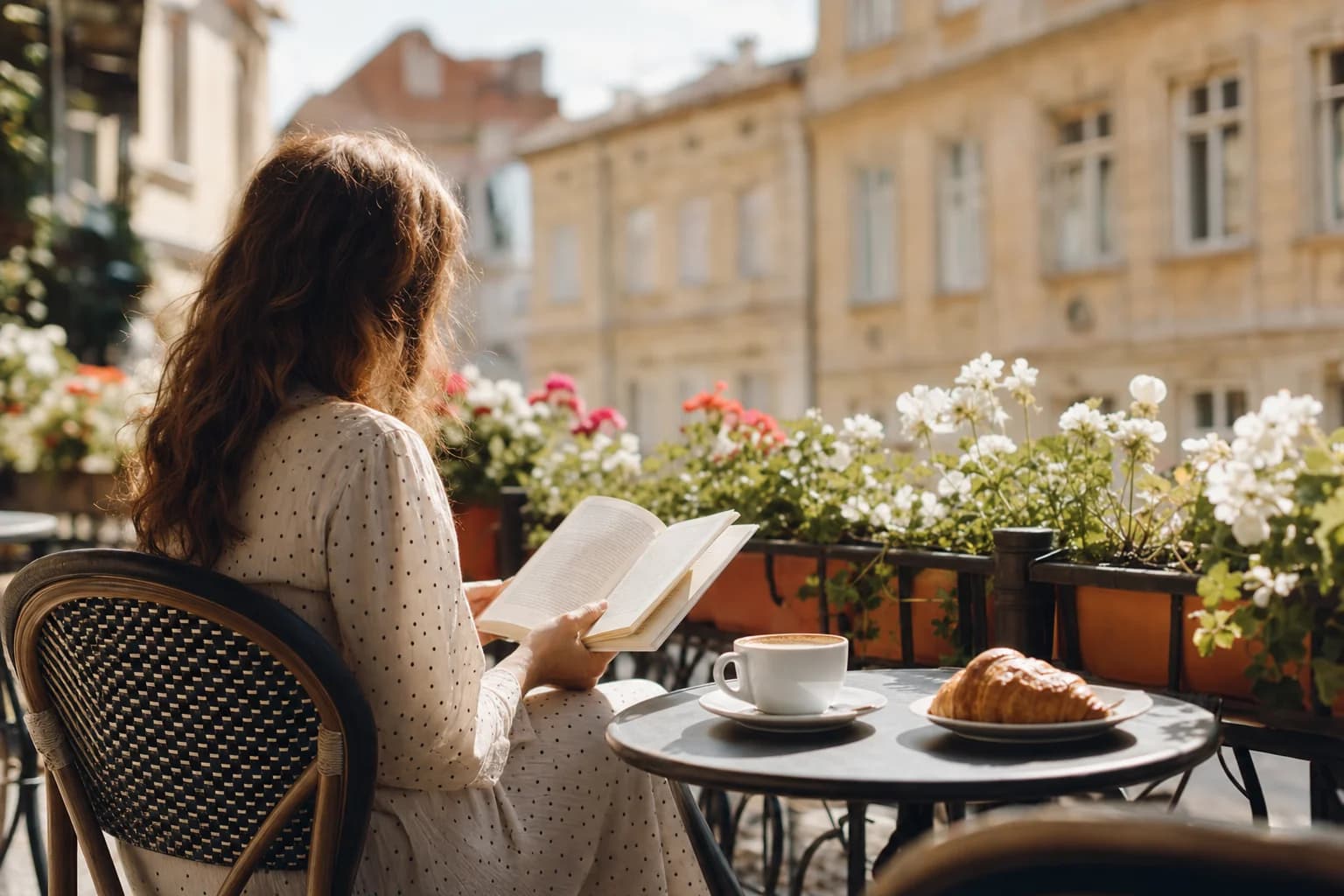 Mujer sola leyendo con café en terraza tranquila de ciudad europea