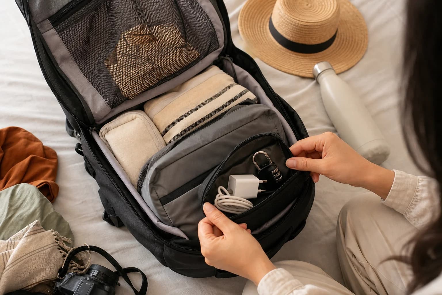Mochila de viaje con herramientas esenciales para viajera sola