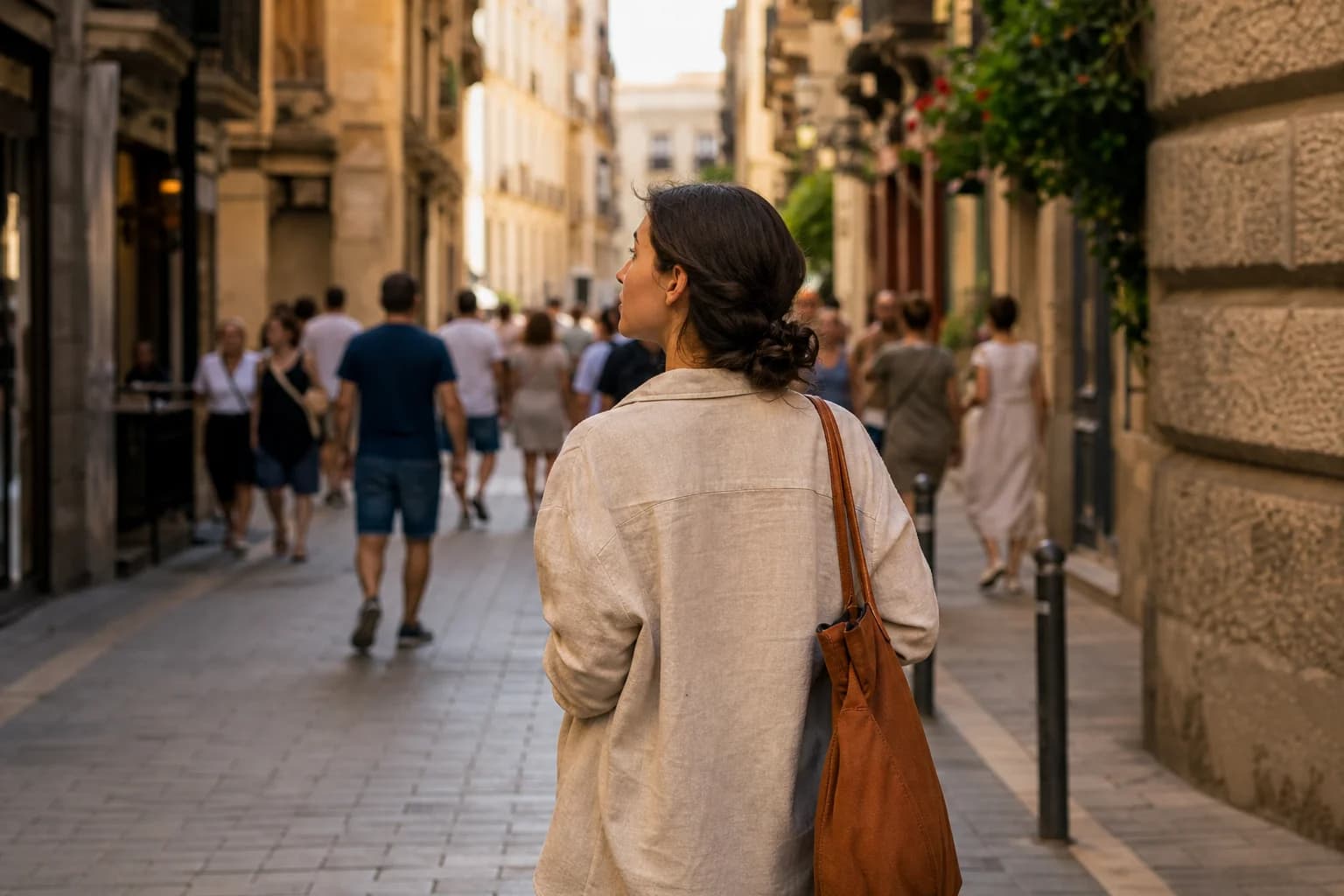 Mujer viajera consultando mapa con confianza en calle europea animada