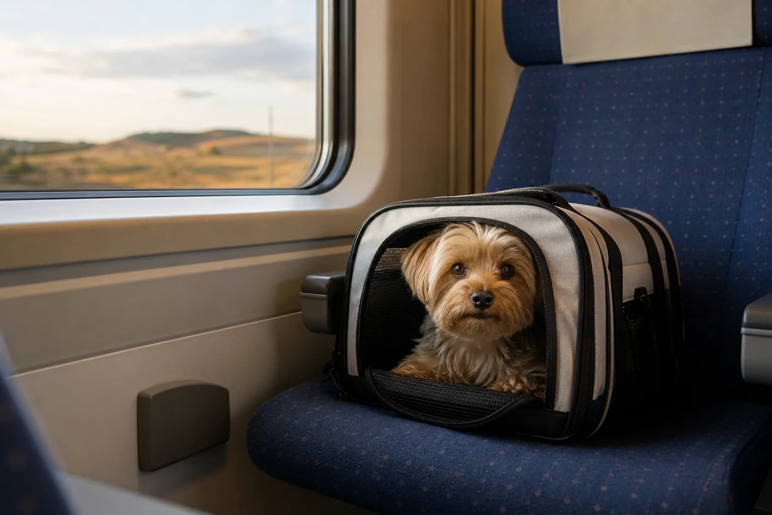 Perro en transportín tren viaje España mascota
