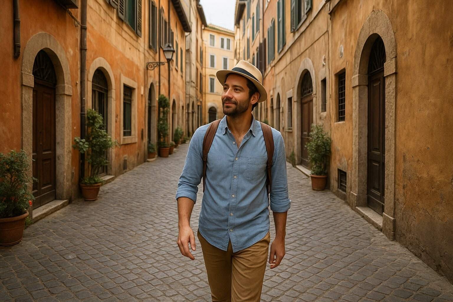 Viajero caminando relajado