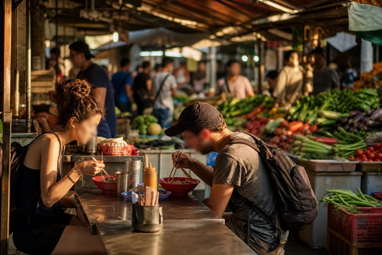 Personas comiendo en mercado local con comida fresca