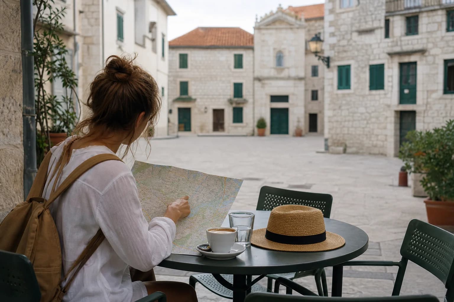 Viajero mirando mapa en ciudad europea asequible