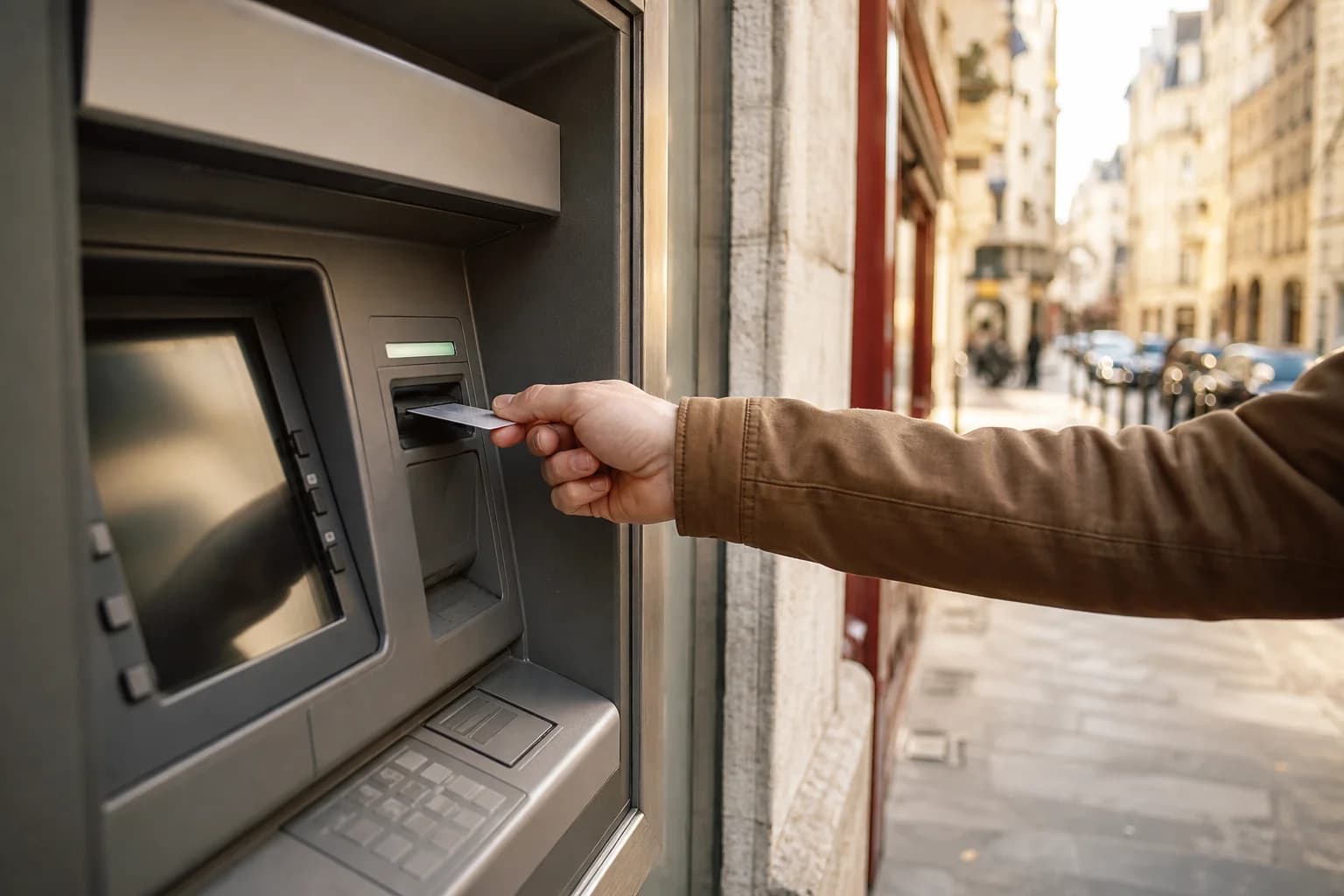 Mano con tarjeta en cajero automático bancario en ciudad europea