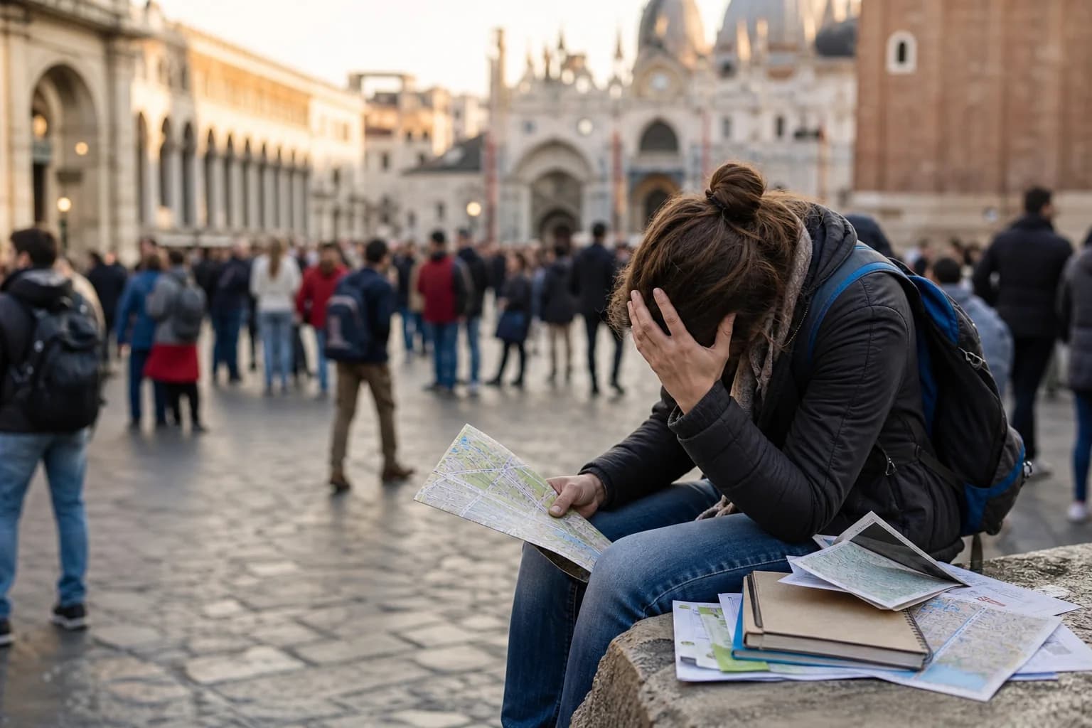 Viajero agotado con mapa en plaza turística concurrida