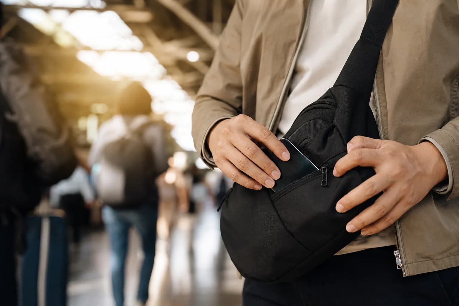 Viajero con teléfono en zona pública vigilando su seguridad digital