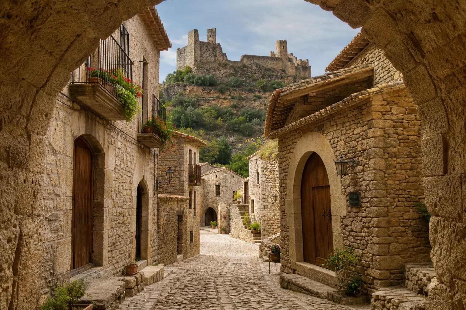 Pueblo medieval español de interior con castillo y casas históricas