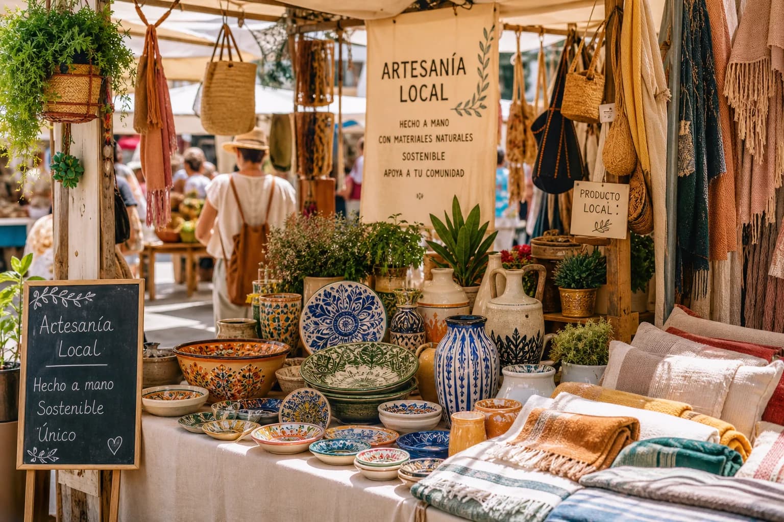 Artesano local vendiendo cerámica en mercado tradicional