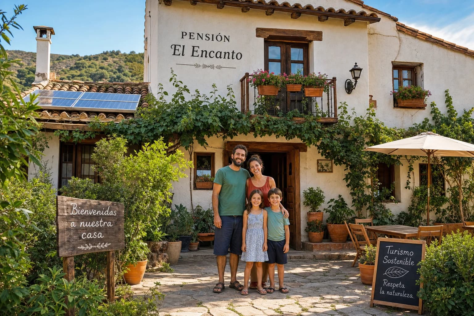 Fachada acogedora de pensión familiar independiente en pueblo español
