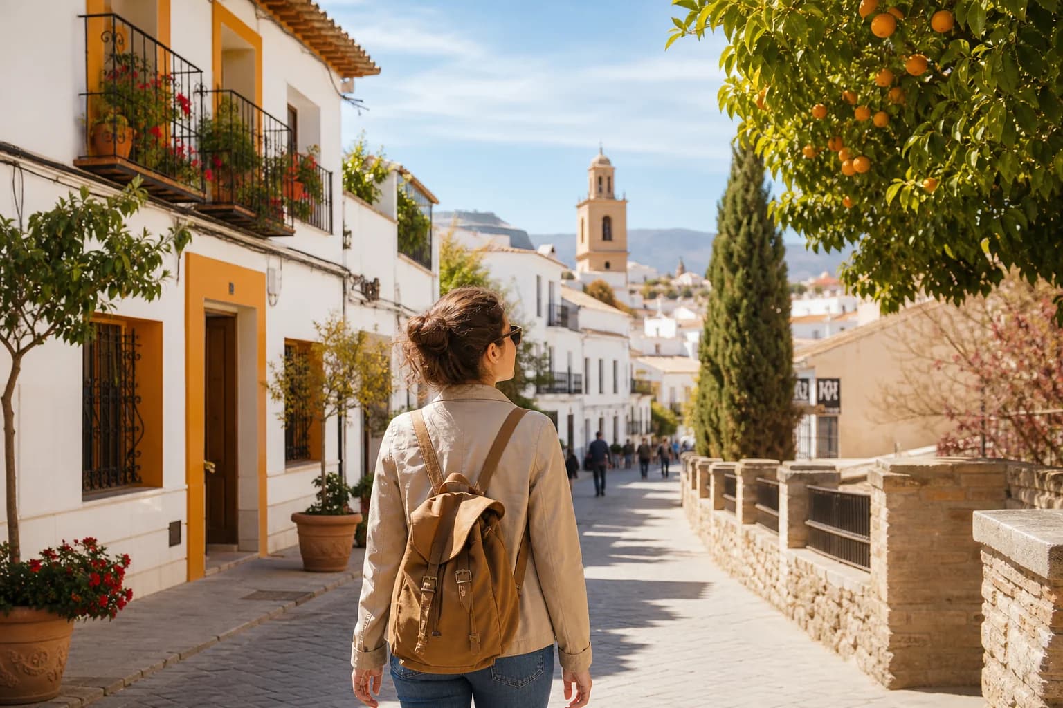 Calle soleada de ciudad española en otoño con hojas doradas