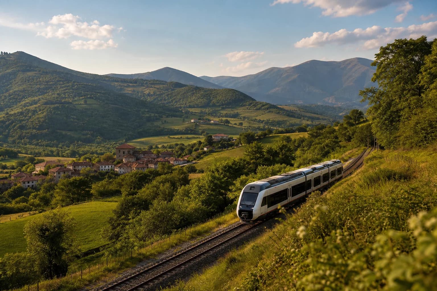 Tren regional viajando por paisaje rural España