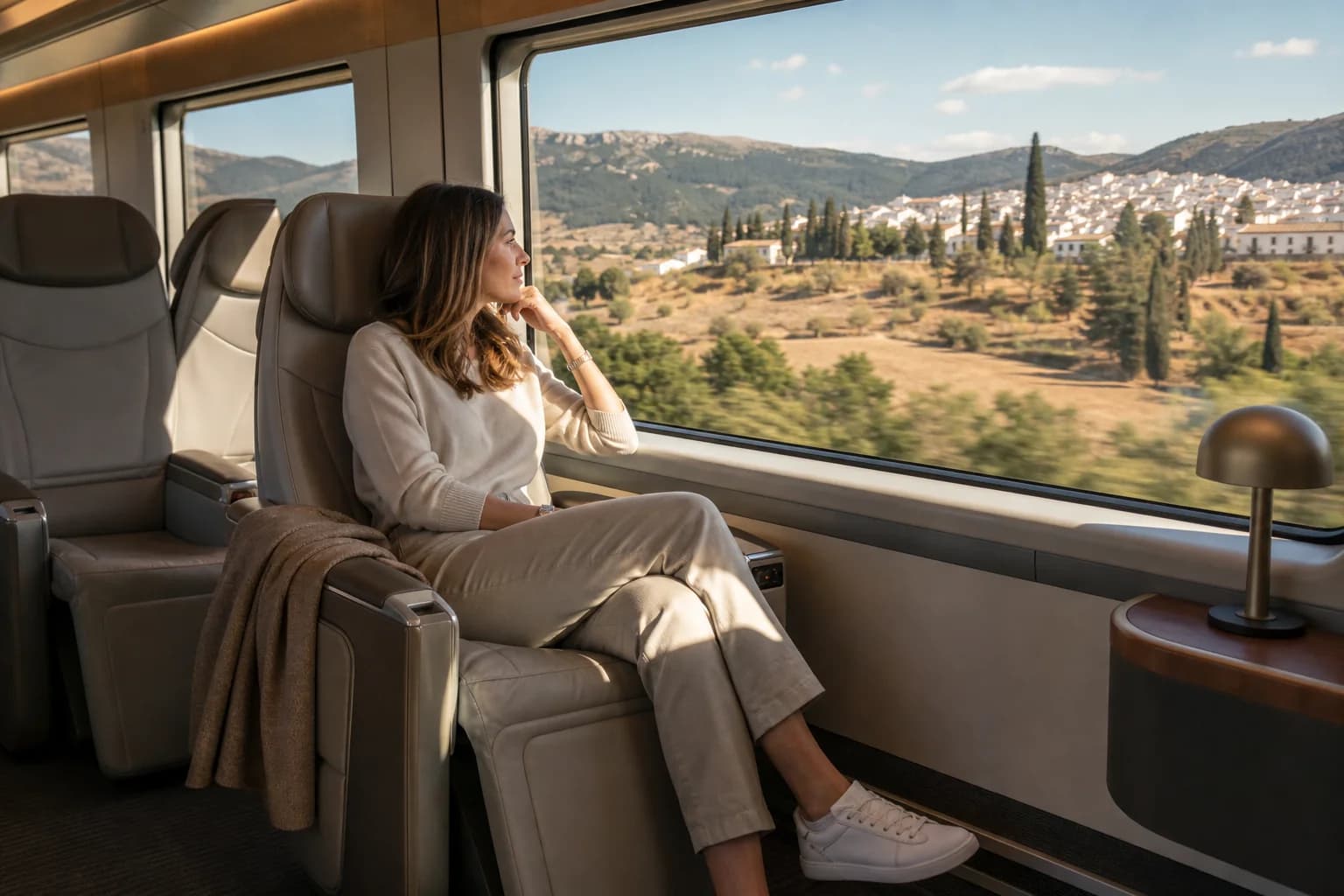Interior vagón tren cómodo viaje largo España