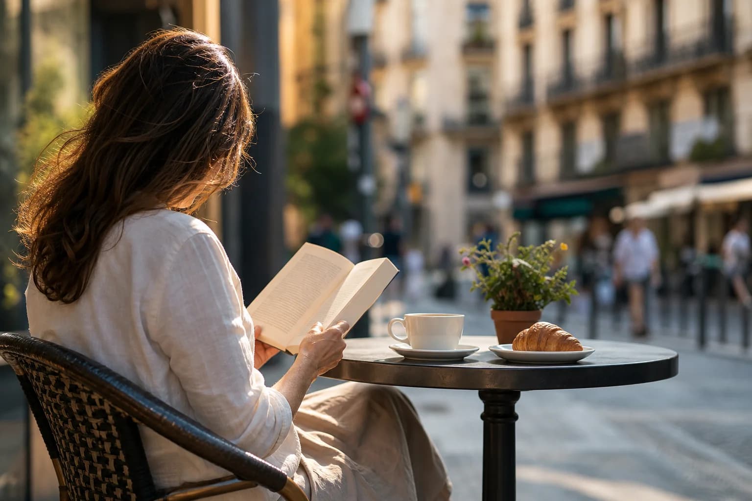 Viajera leyendo sola en terraza de café en ciudad europea