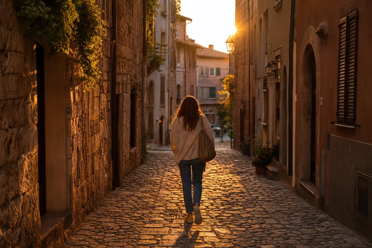 Persona caminando sola por calle europea al atardecer