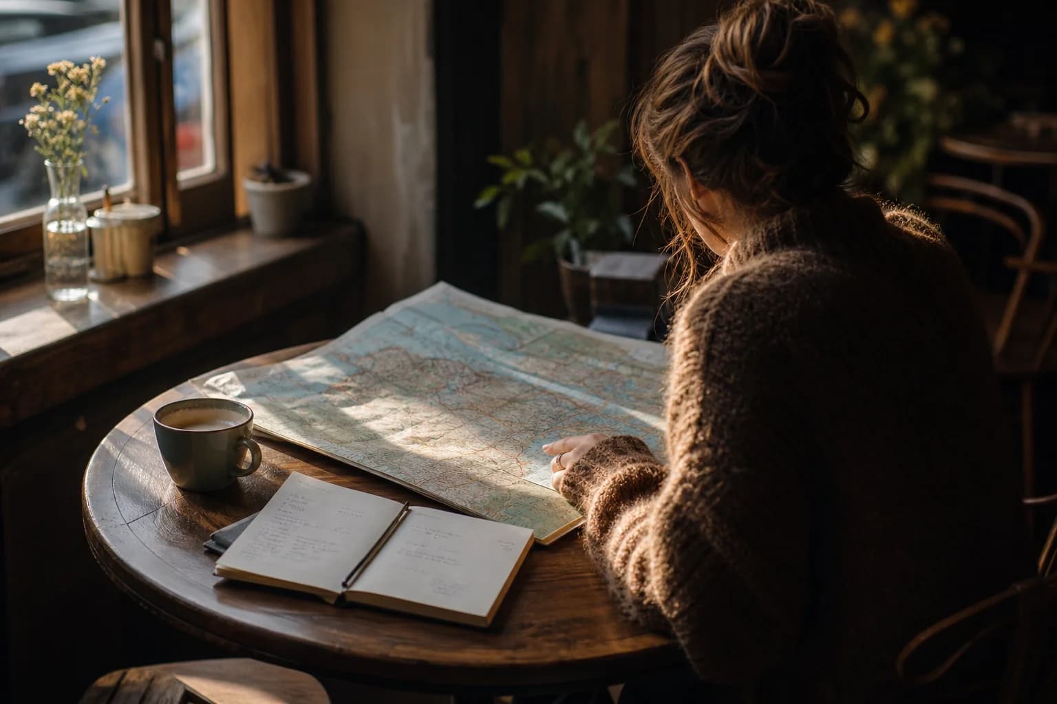 Viajero solo planificando ruta con mapa en café
