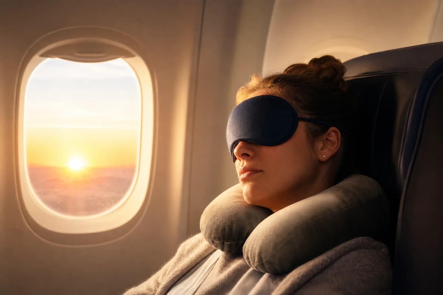 Viajero con antifaz durmiendo en asiento avión jet lag