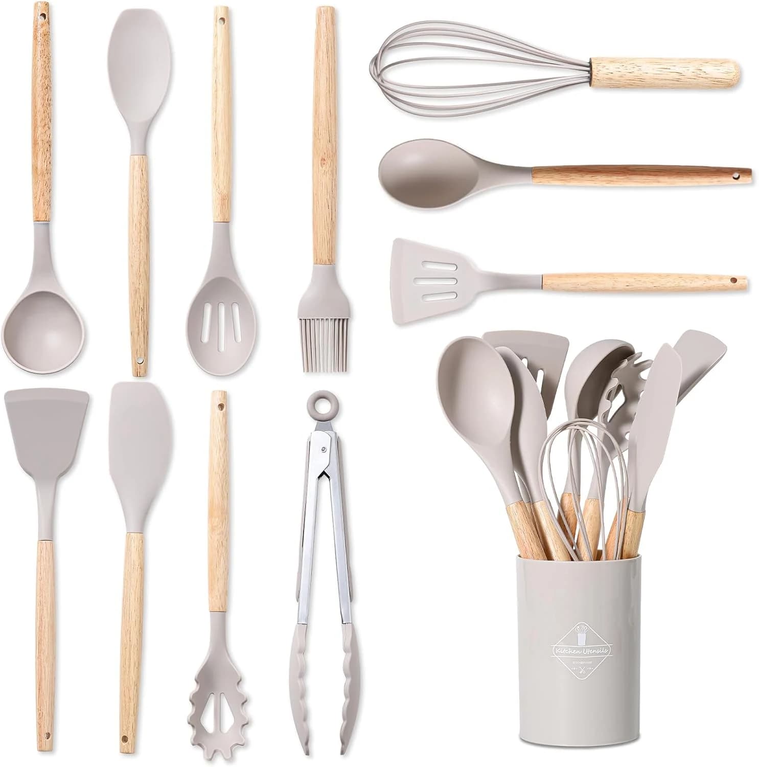 12 Piezas Juego de Utensilios de Cocina de Silicona, Fabricado en Silicona y Mangos de Madera, Resistente al Calor Antiadherente, Utensilios Cocina Apto para Todas Las Ollas y Sartenes