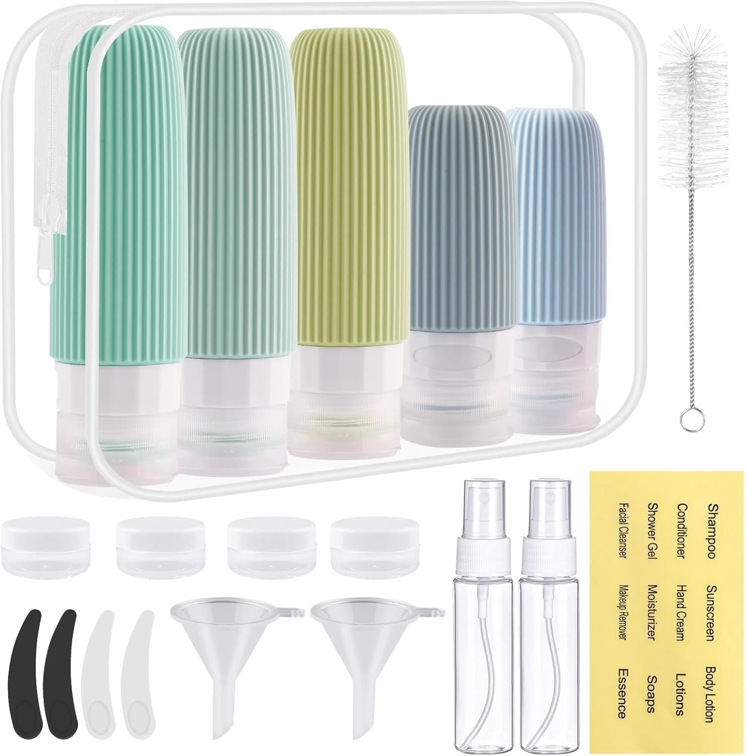 20 Pack Botes Viaje Rellenables, Travel Bottles Silicona con Accesorios de Viaje, Neceser Kit Viaje Avión para Gel y Champu, Cosméticos, Lociones y Líquido, a Prueba de Fugas (Verde)