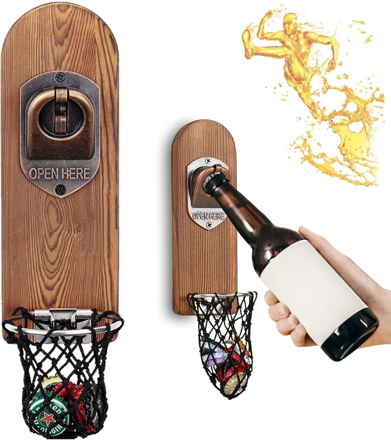 Abridor Cerveza Pared Magnético Madera Retro — Con Colector Tapas