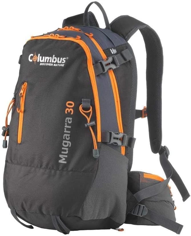 COLUMBUS Mochila Mugarra 30 Mochila de Senderismo Ajustable, con Flujo de Aire en la Espalda. Incluye Funda para la Lluvia. Capacidad 30 L en Color Negro con detalles en Naranja