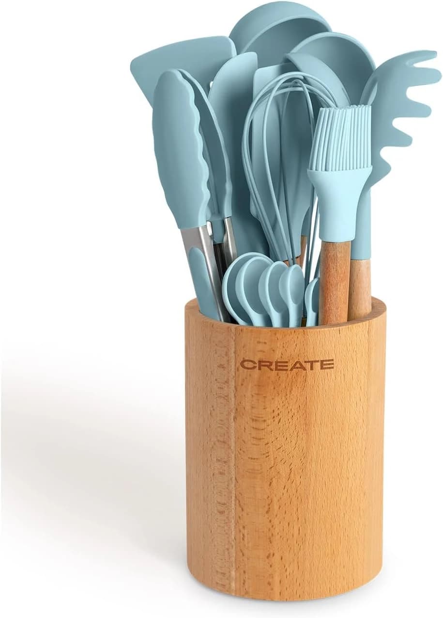 CREATE/Set de utensilios azul y madera / 11 utensilios, silicona y madera de haya, libres de BPA, resistente al calor hasta 230°C